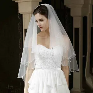 2 Tier Crystals Pearls Beaded Wedding Veil Elbow Length