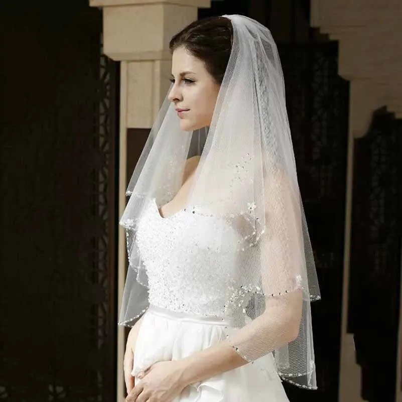2 Tier Crystals Pearls Beaded Wedding Veil Elbow Length