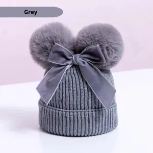 Baby/Junior Double Pom Pom and Bow Beanie Hat Grey