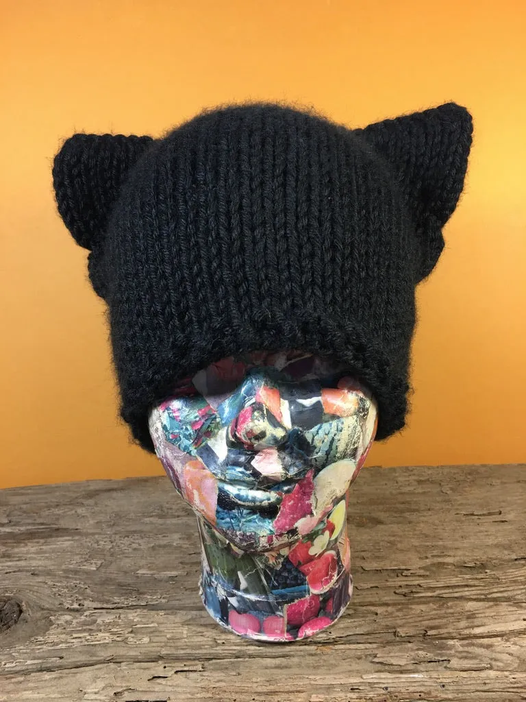 Black Cat Hat, Hand knit in Wool, FREE SHIPPING