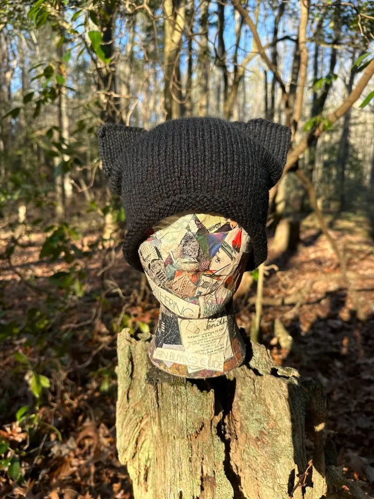 Black Cat Hat, Hand knit in Wool, FREE SHIPPING
