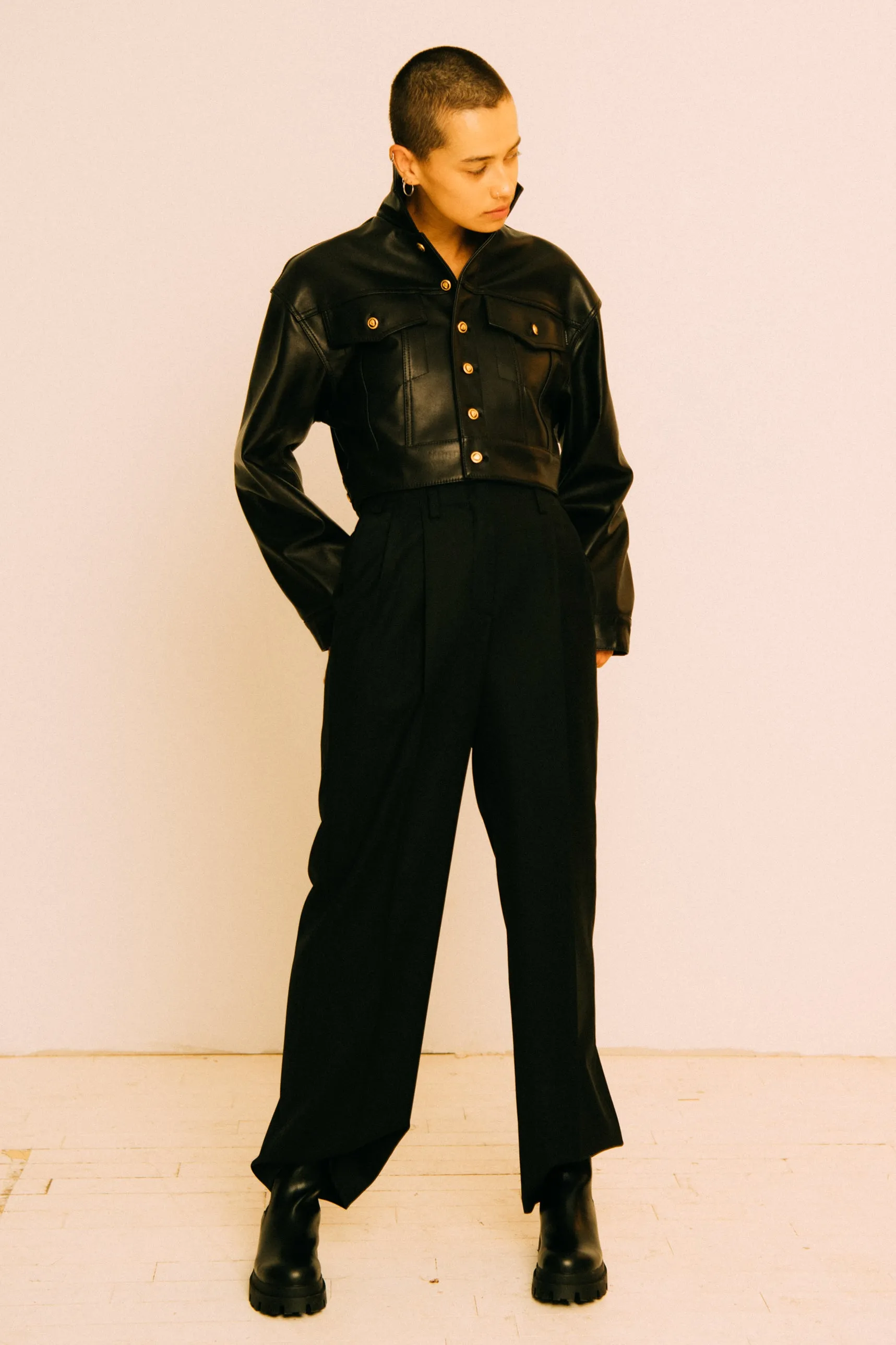 BLACK TRUCKER JACKET WITH GOLD BUTTONS