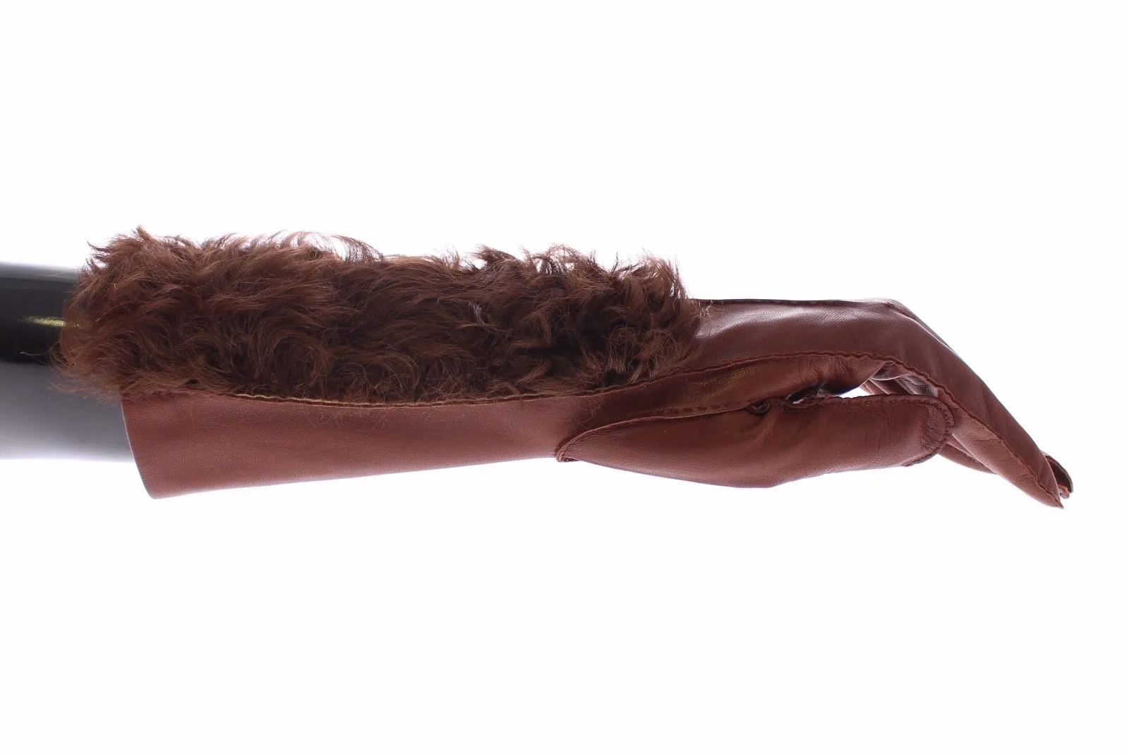 Brown Lambskin Fur Leather Wrist Gloves Silk