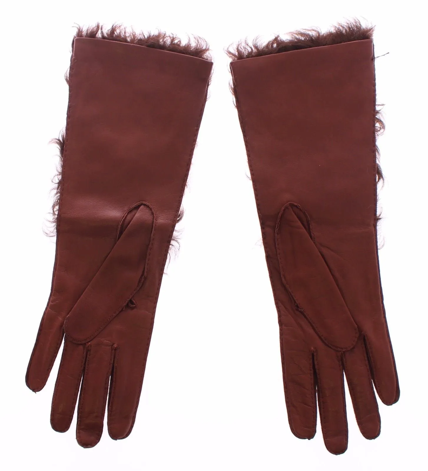 Brown Lambskin Fur Leather Wrist Gloves Silk