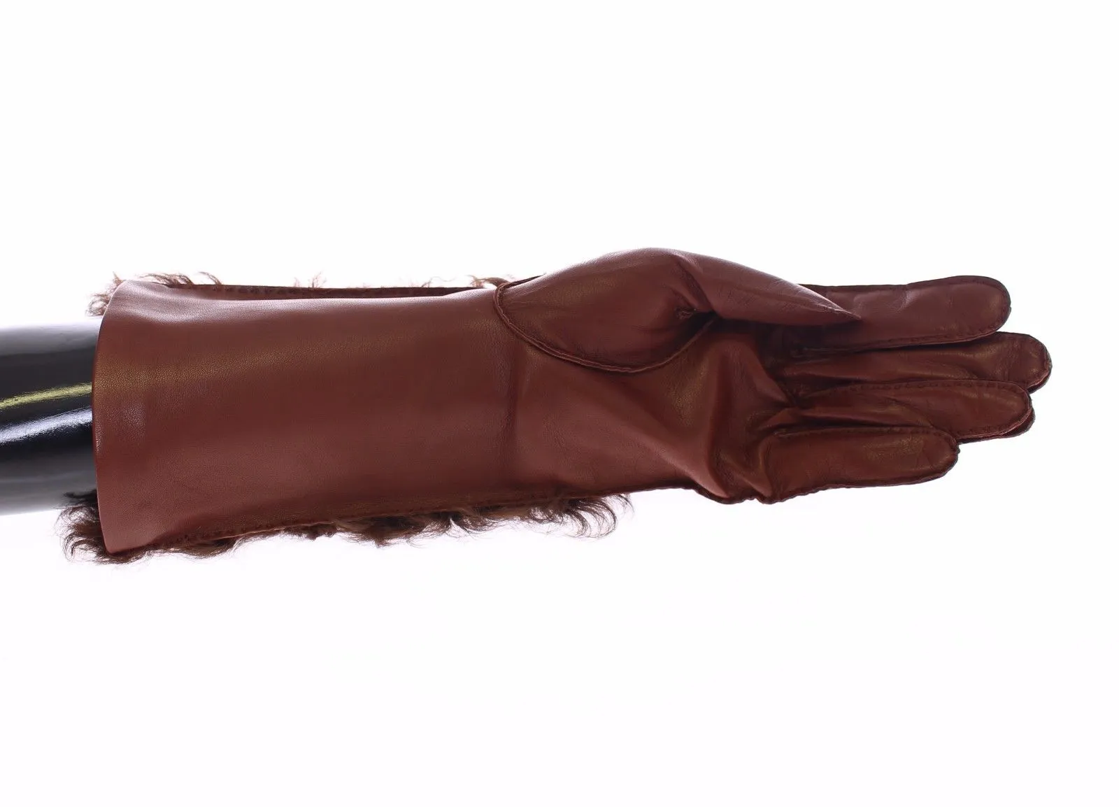 Brown Lambskin Fur Leather Wrist Gloves Silk