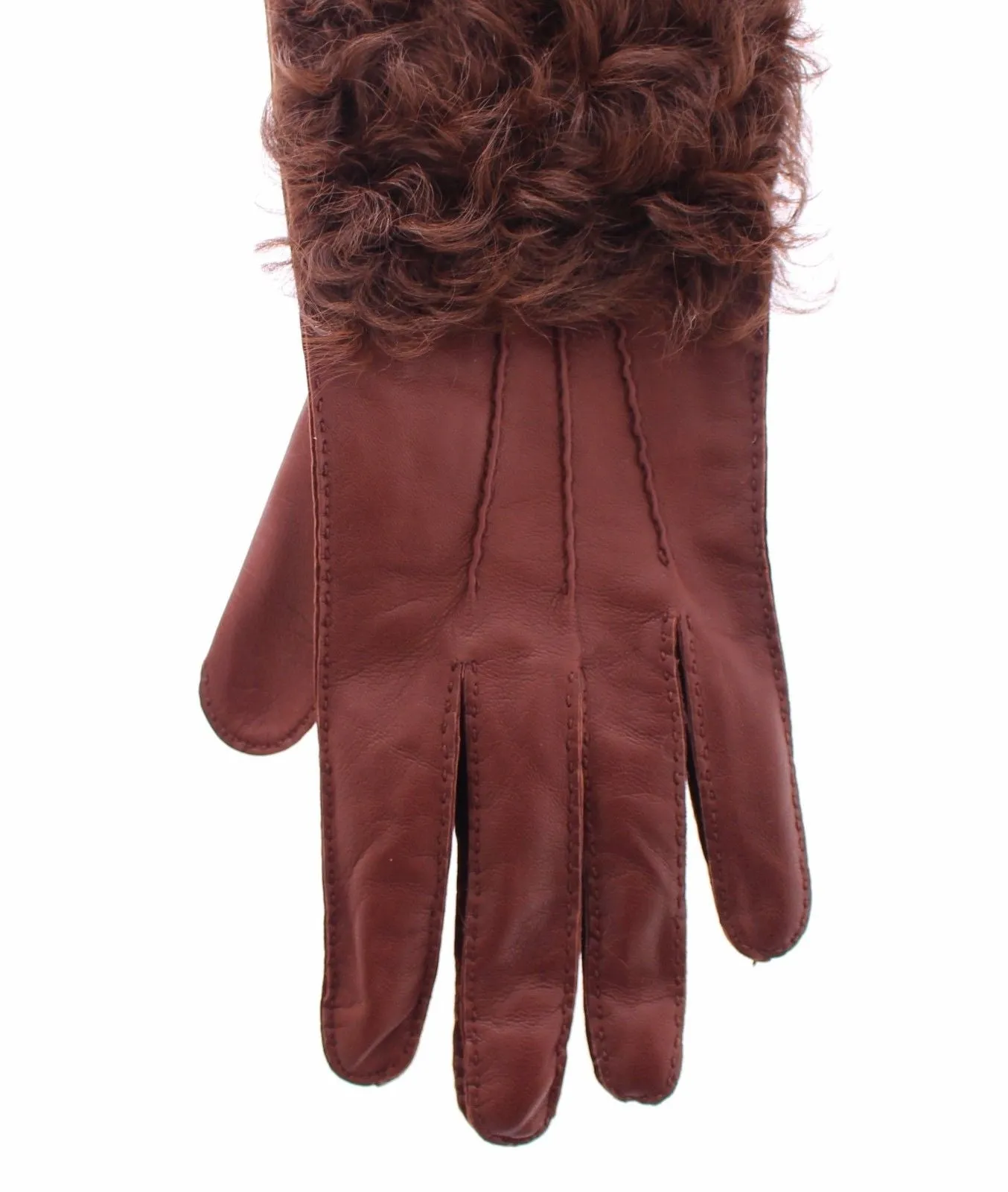 Brown Lambskin Fur Leather Wrist Gloves Silk