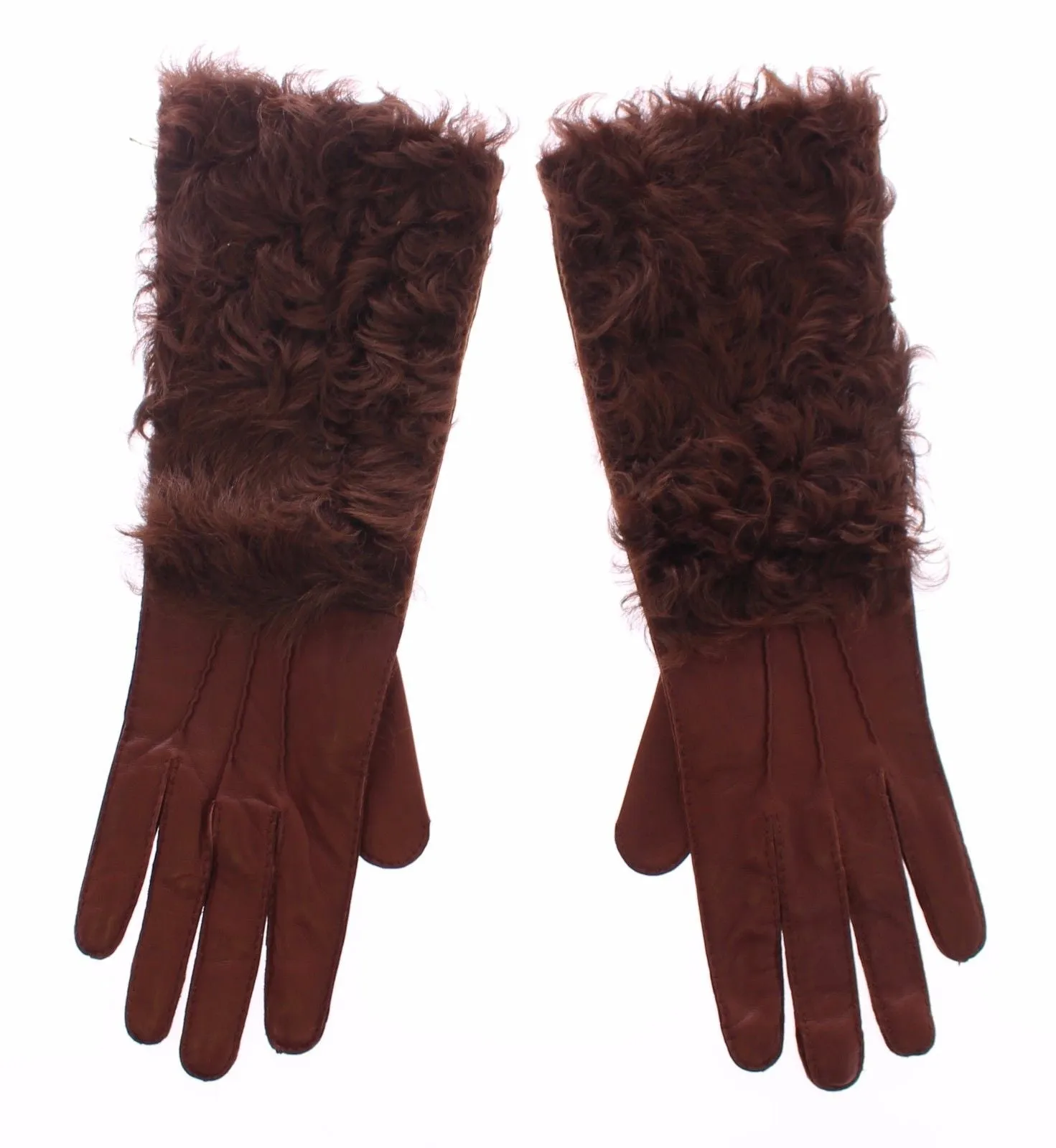 Brown Lambskin Fur Leather Wrist Gloves Silk