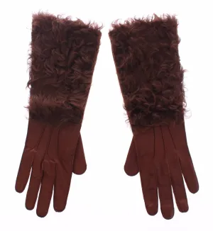 Brown Lambskin Fur Leather Wrist Gloves Silk