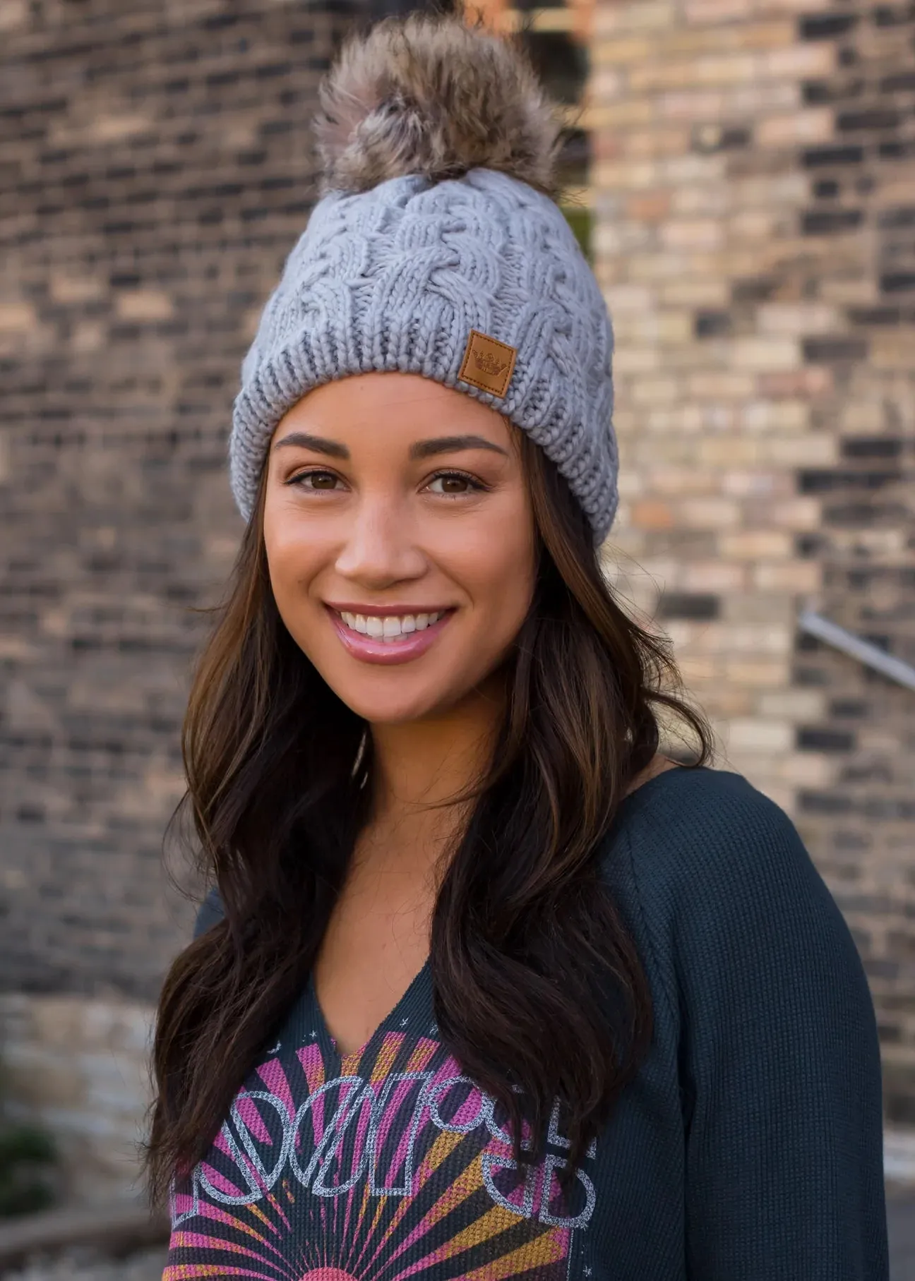 Cable Knit Hat with Faux Fur Pom