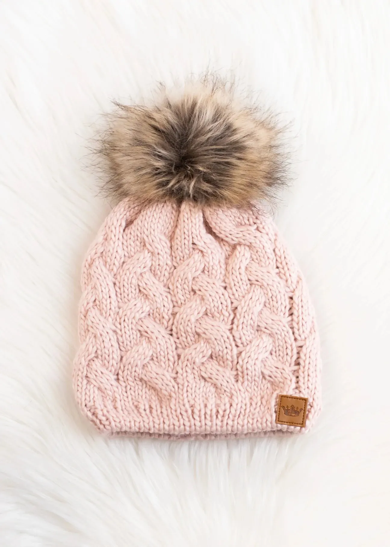 Cable Knit Hat with Faux Fur Pom
