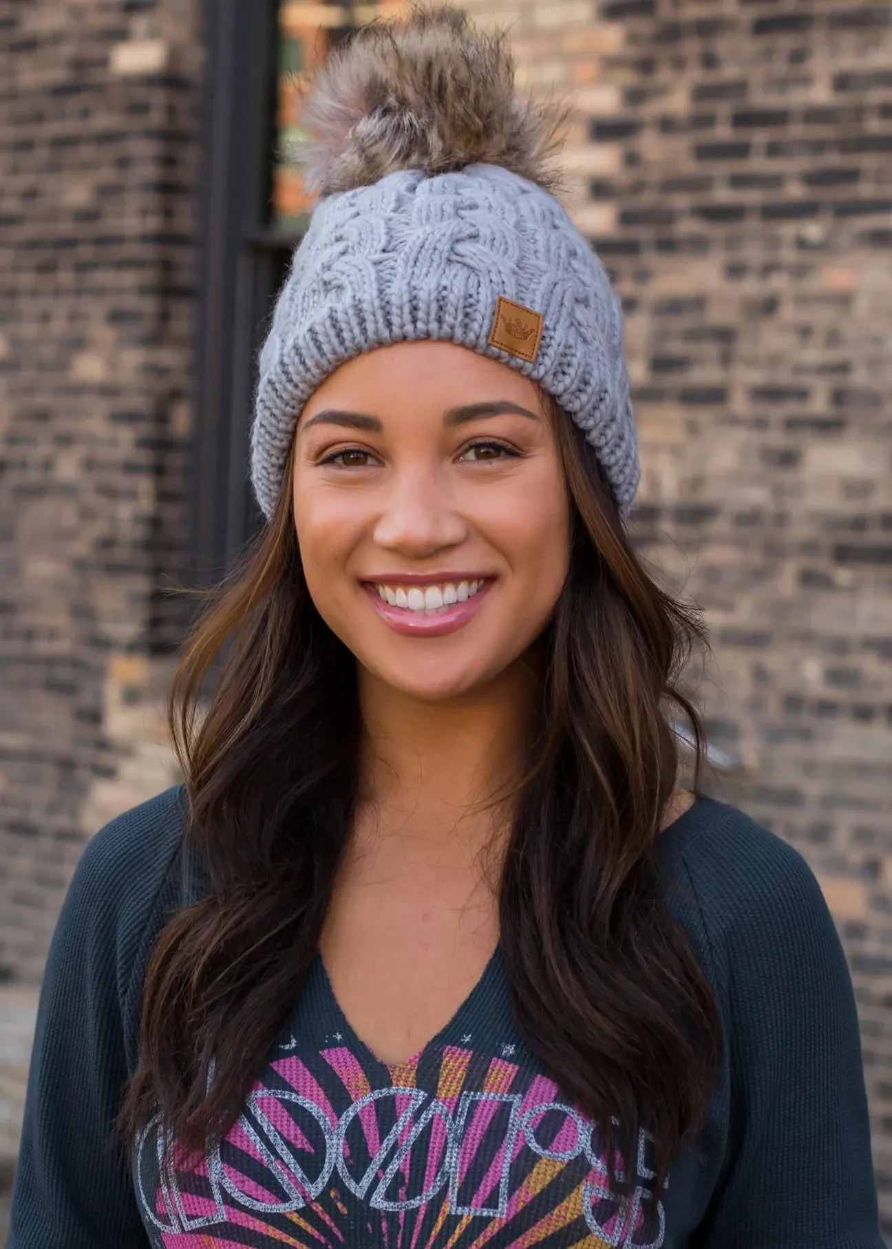 Cable Knit Hat with Faux Fur Pom
