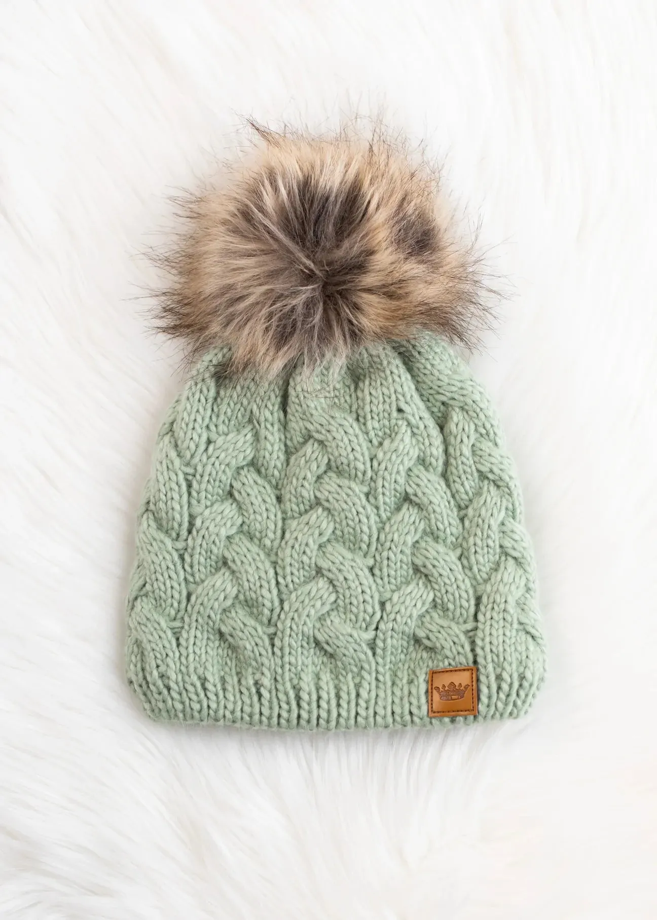 Cable Knit Hat with Faux Fur Pom