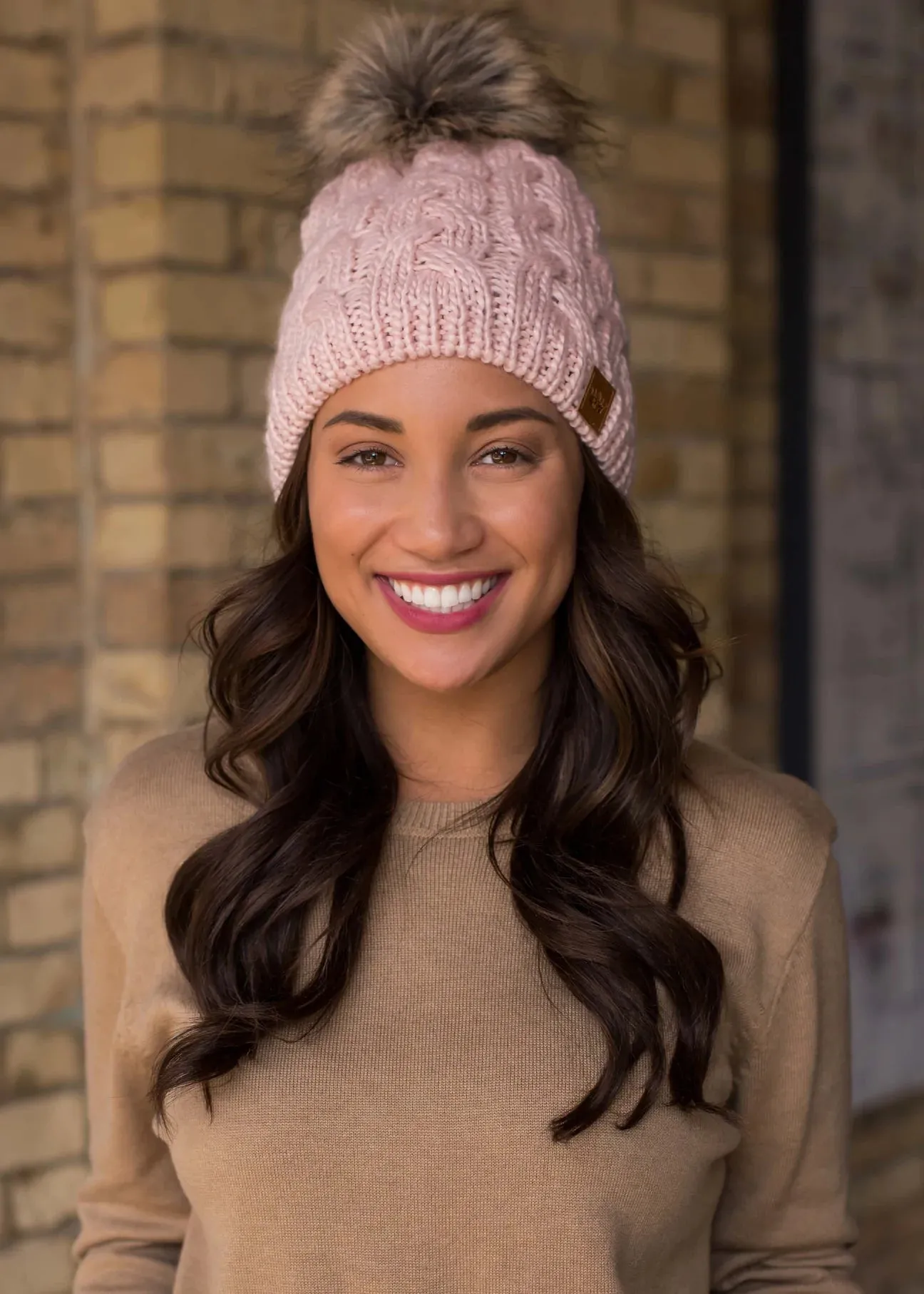 Cable Knit Hat with Faux Fur Pom