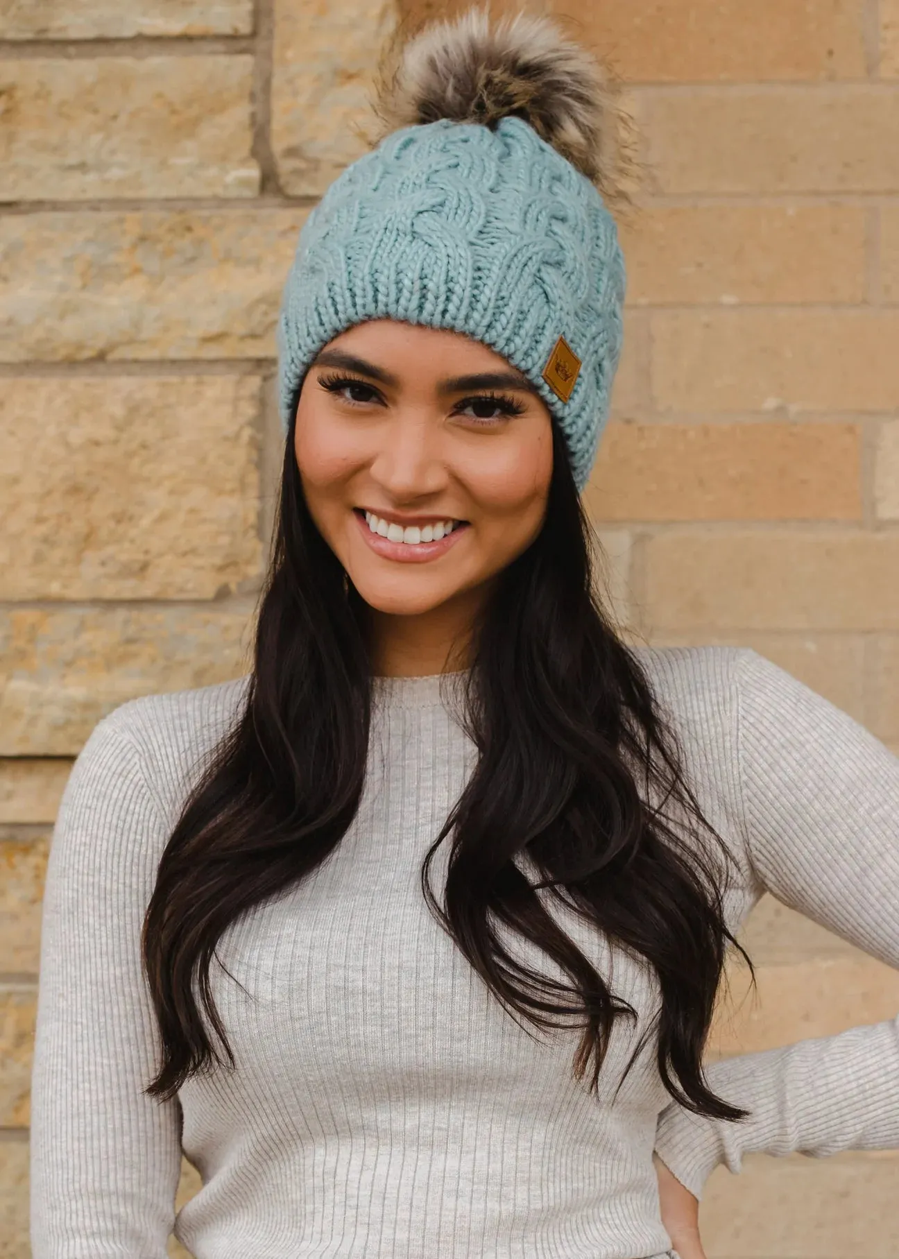 Cable Knit Hat with Faux Fur Pom