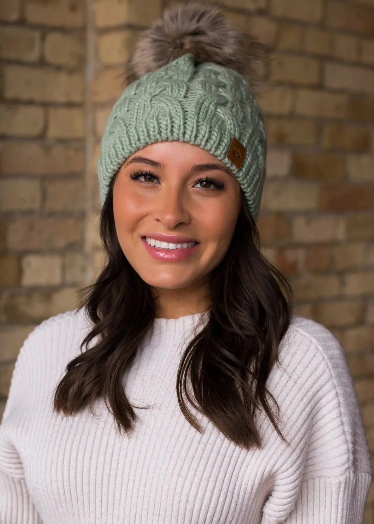 Cable Knit Hat with Faux Fur Pom