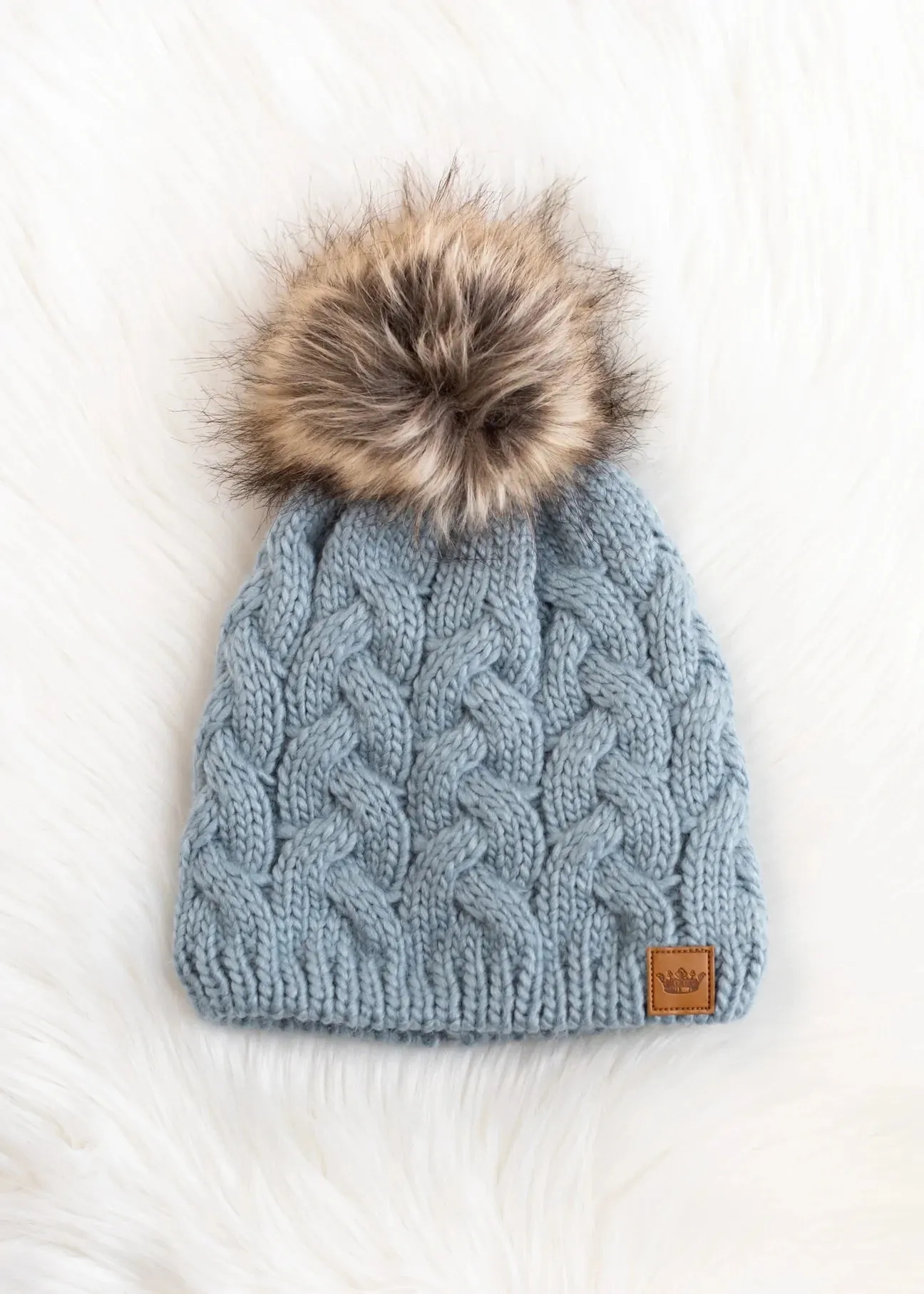 Cable Knit Hat with Faux Fur Pom
