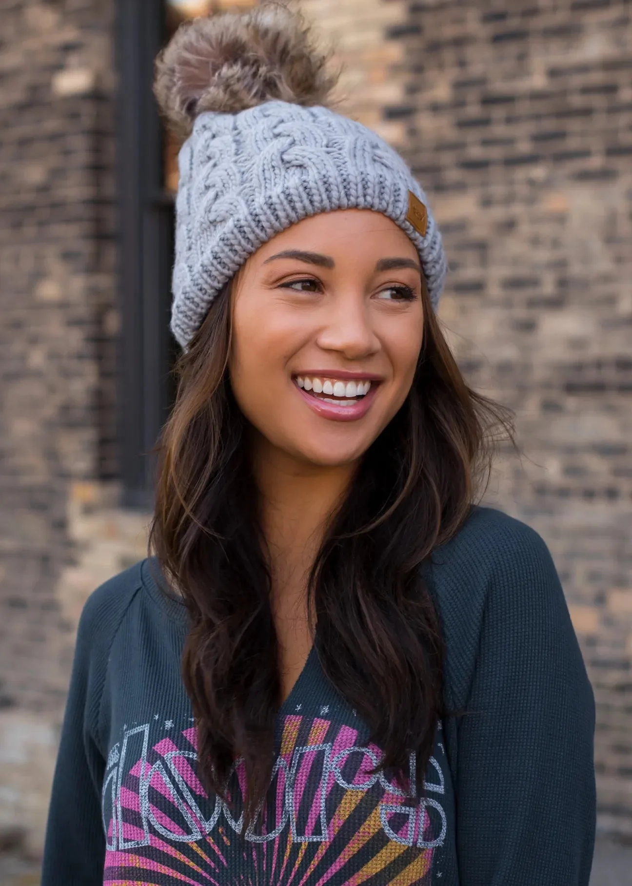 Cable Knit Hat with Faux Fur Pom