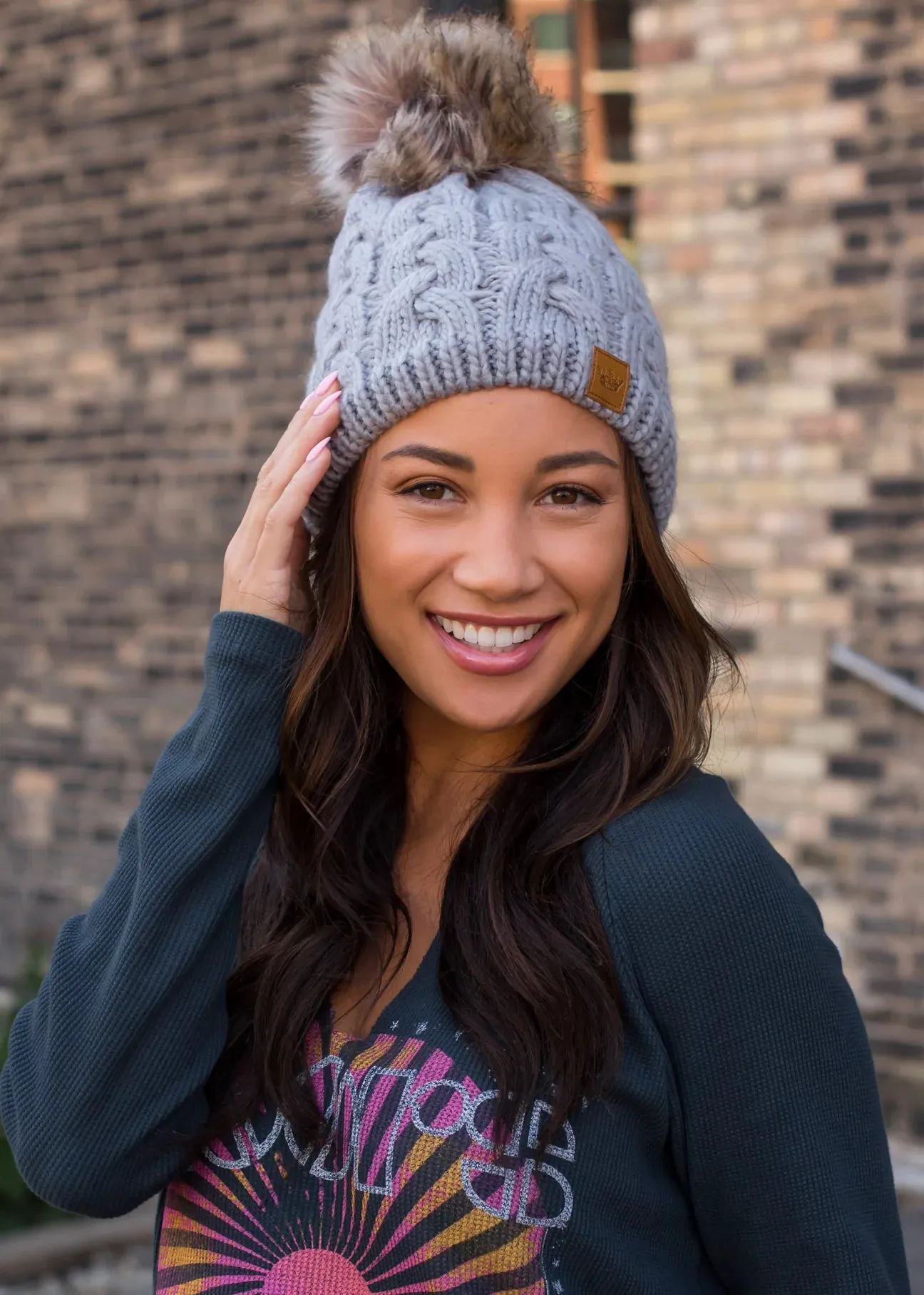 Cable Knit Hat with Faux Fur Pom