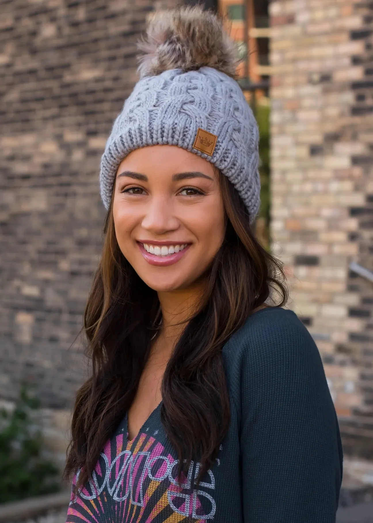 Cable Knit Hat with Faux Fur Pom