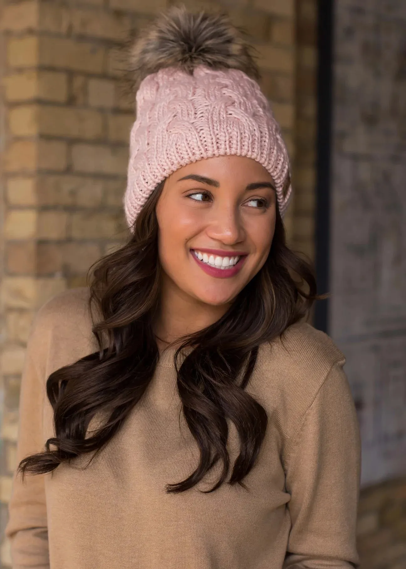 Cable Knit Hat with Faux Fur Pom