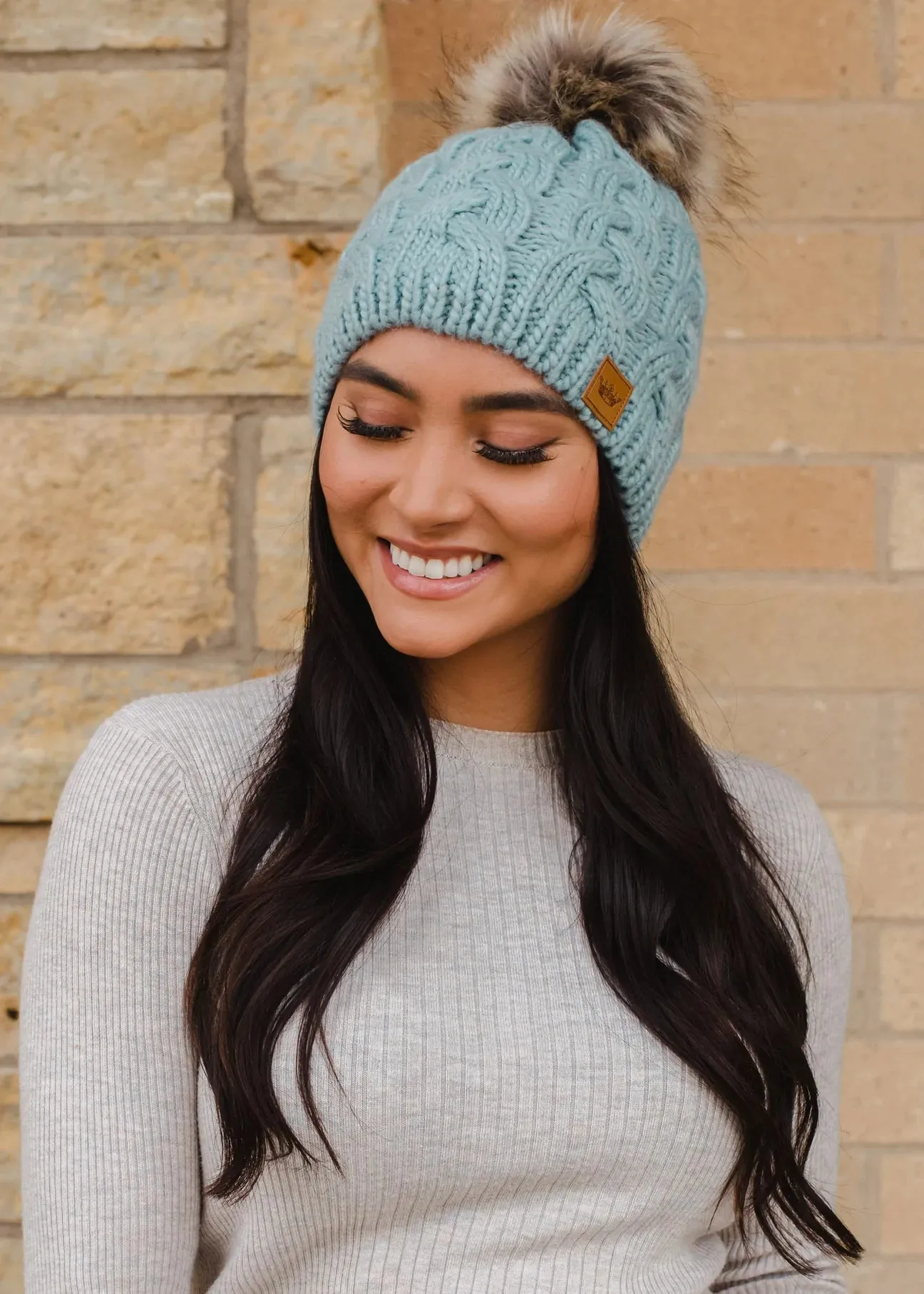 Cable Knit Hat with Faux Fur Pom