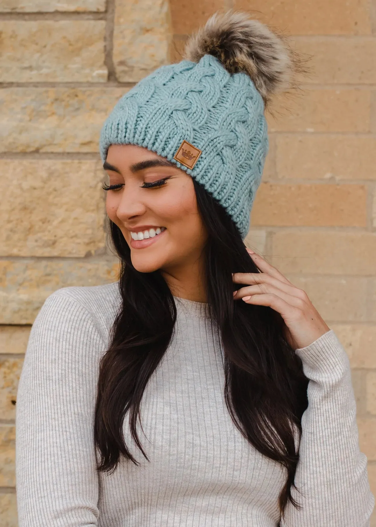 Cable Knit Hat with Faux Fur Pom