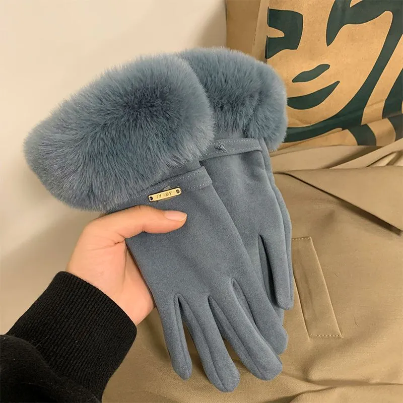 Cashmere-lined women's gloves. Warm and windproof. Fleece-lined and thickened cycling gloves. Outdoor winter finger-divided gloves.C-240919-3