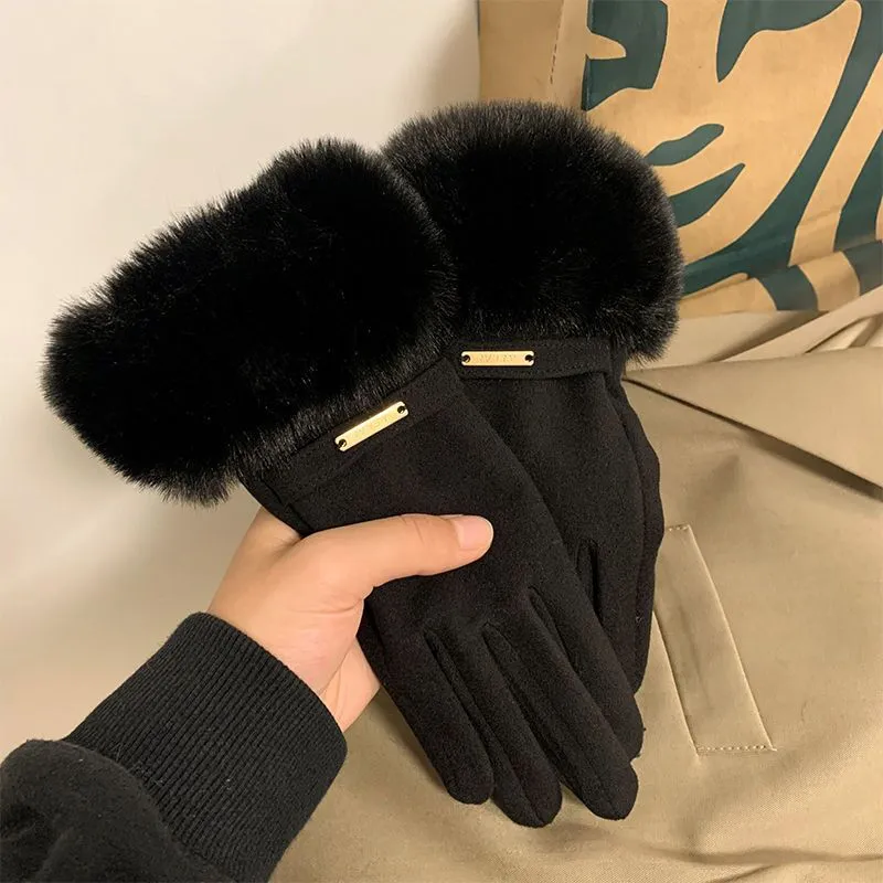 Cashmere-lined women's gloves. Warm and windproof. Fleece-lined and thickened cycling gloves. Outdoor winter finger-divided gloves.C-240919-3