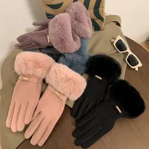 Cashmere-lined women's gloves. Warm and windproof. Fleece-lined and thickened cycling gloves. Outdoor winter finger-divided gloves.C-240919-3