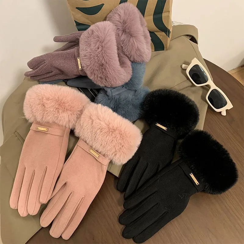 Cashmere-lined women's gloves. Warm and windproof. Fleece-lined and thickened cycling gloves. Outdoor winter finger-divided gloves.C-240919-3