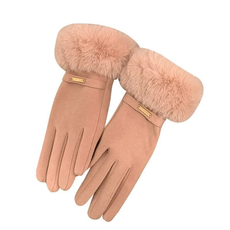 Cashmere-lined women's gloves. Warm and windproof. Fleece-lined and thickened cycling gloves. Outdoor winter finger-divided gloves.C-240919-3