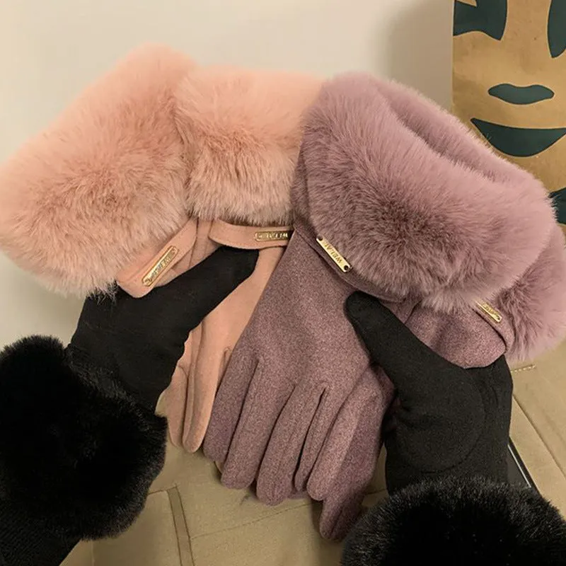 Cashmere-lined women's gloves. Warm and windproof. Fleece-lined and thickened cycling gloves. Outdoor winter finger-divided gloves.C-240919-3