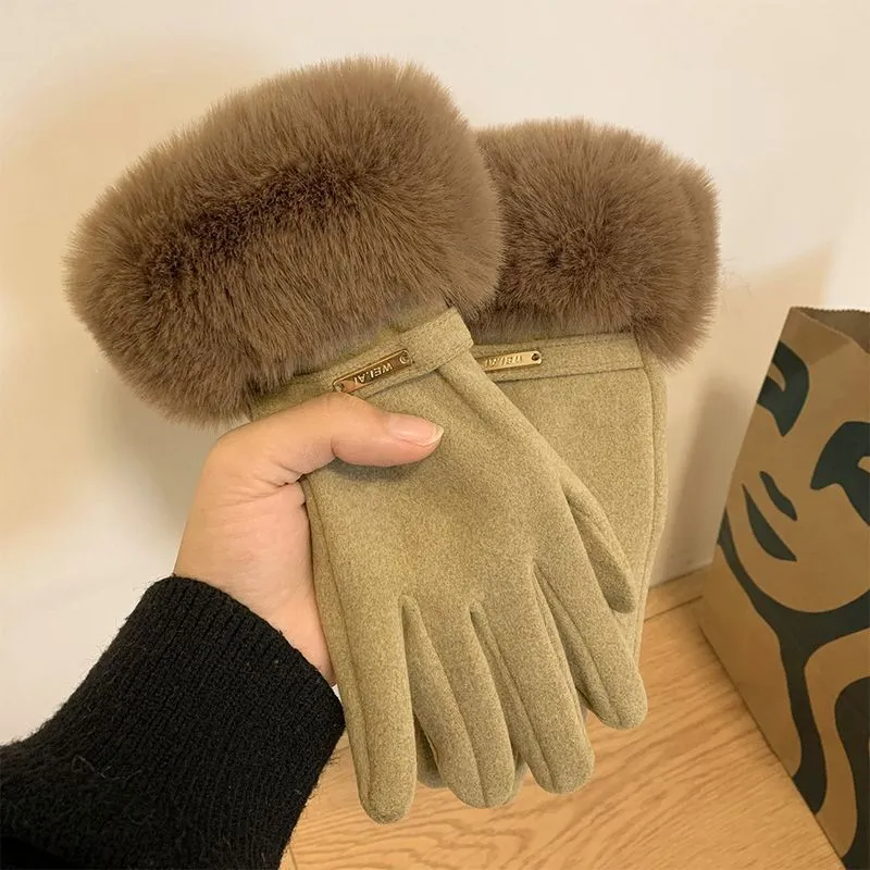 Cashmere-lined women's gloves. Warm and windproof. Fleece-lined and thickened cycling gloves. Outdoor winter finger-divided gloves.C-240919-3
