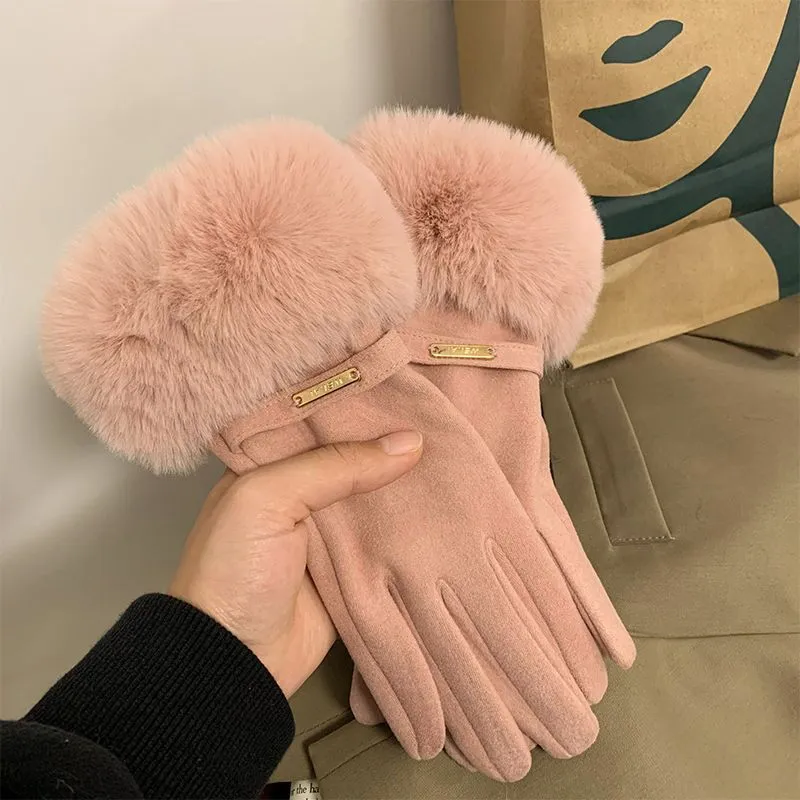 Cashmere-lined women's gloves. Warm and windproof. Fleece-lined and thickened cycling gloves. Outdoor winter finger-divided gloves.C-240919-3