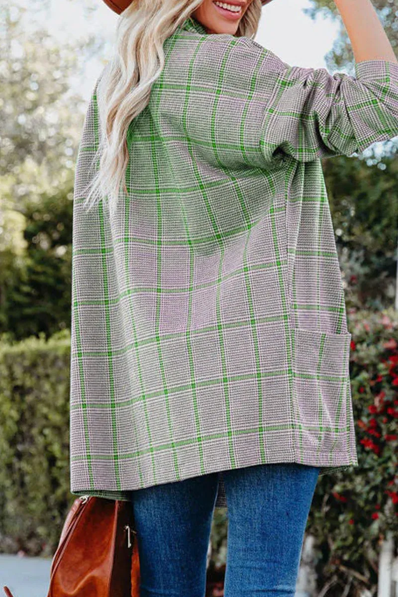 Casual Plaid Patchwork Pocket V Neck Outerwear(4 Colors)