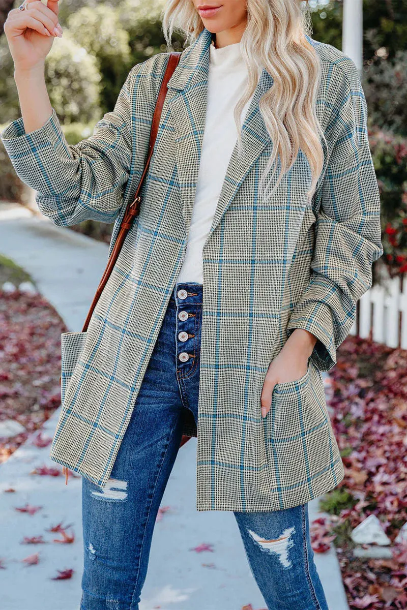 Casual Plaid Patchwork Pocket V Neck Outerwear(4 Colors)