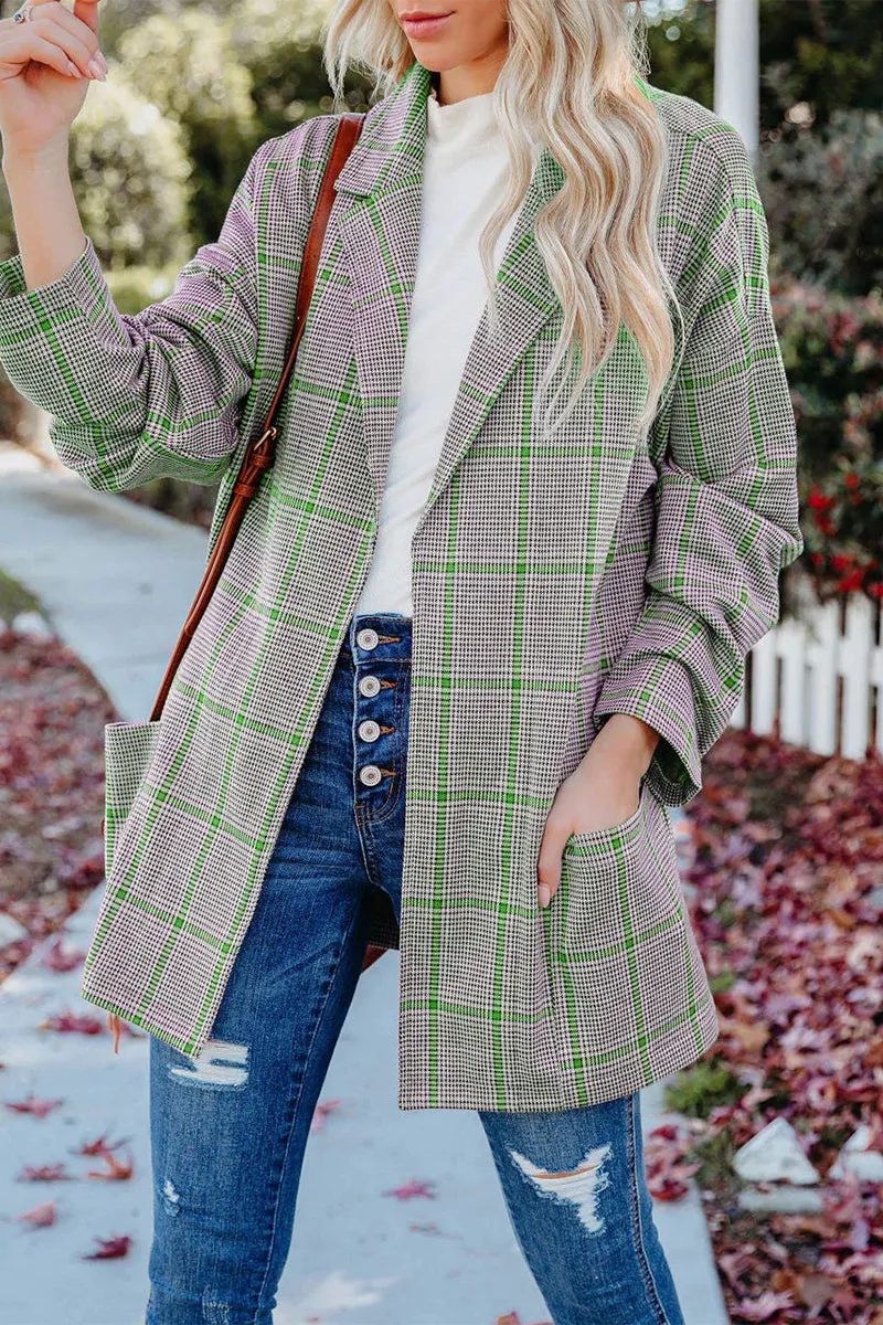 Casual Plaid Patchwork Pocket V Neck Outerwear(4 Colors)