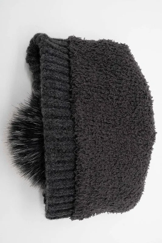 CC Color Block Stripes Pom Beanie Hat with Fuzzy Lining