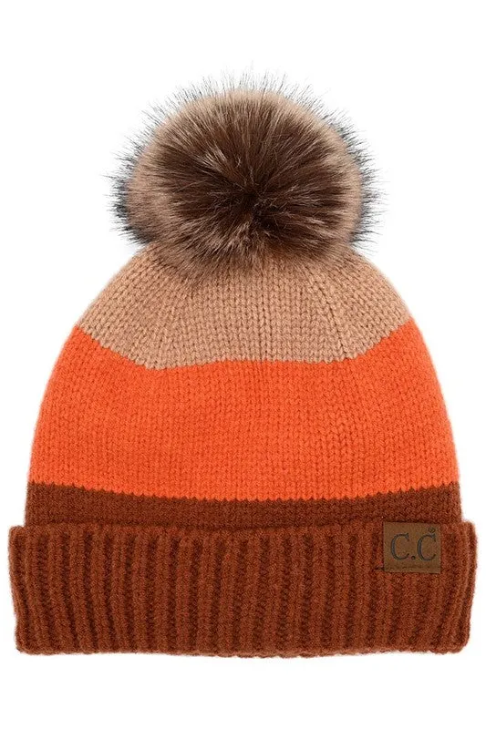 CC Color Block Stripes Pom Beanie Hat with Fuzzy Lining