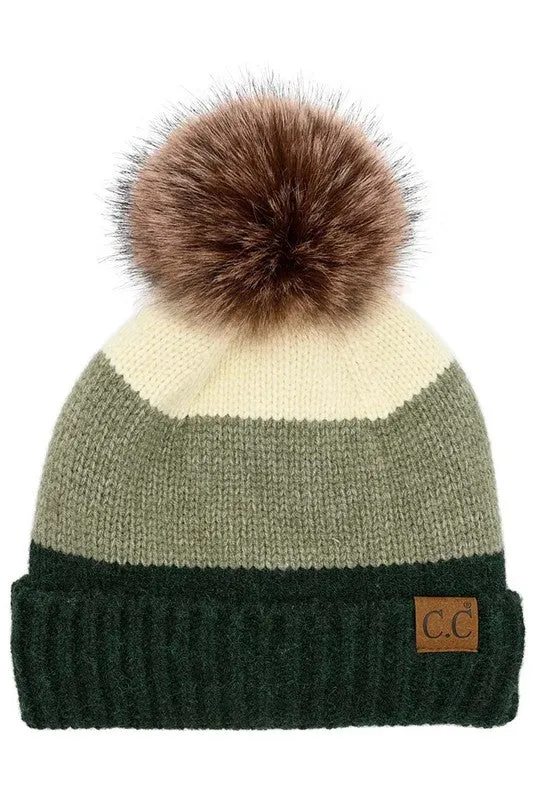 CC Color Block Stripes Pom Beanie Hat with Fuzzy Lining