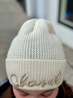 Chanel White Knit Beanie with White Sequin Chanel Writing