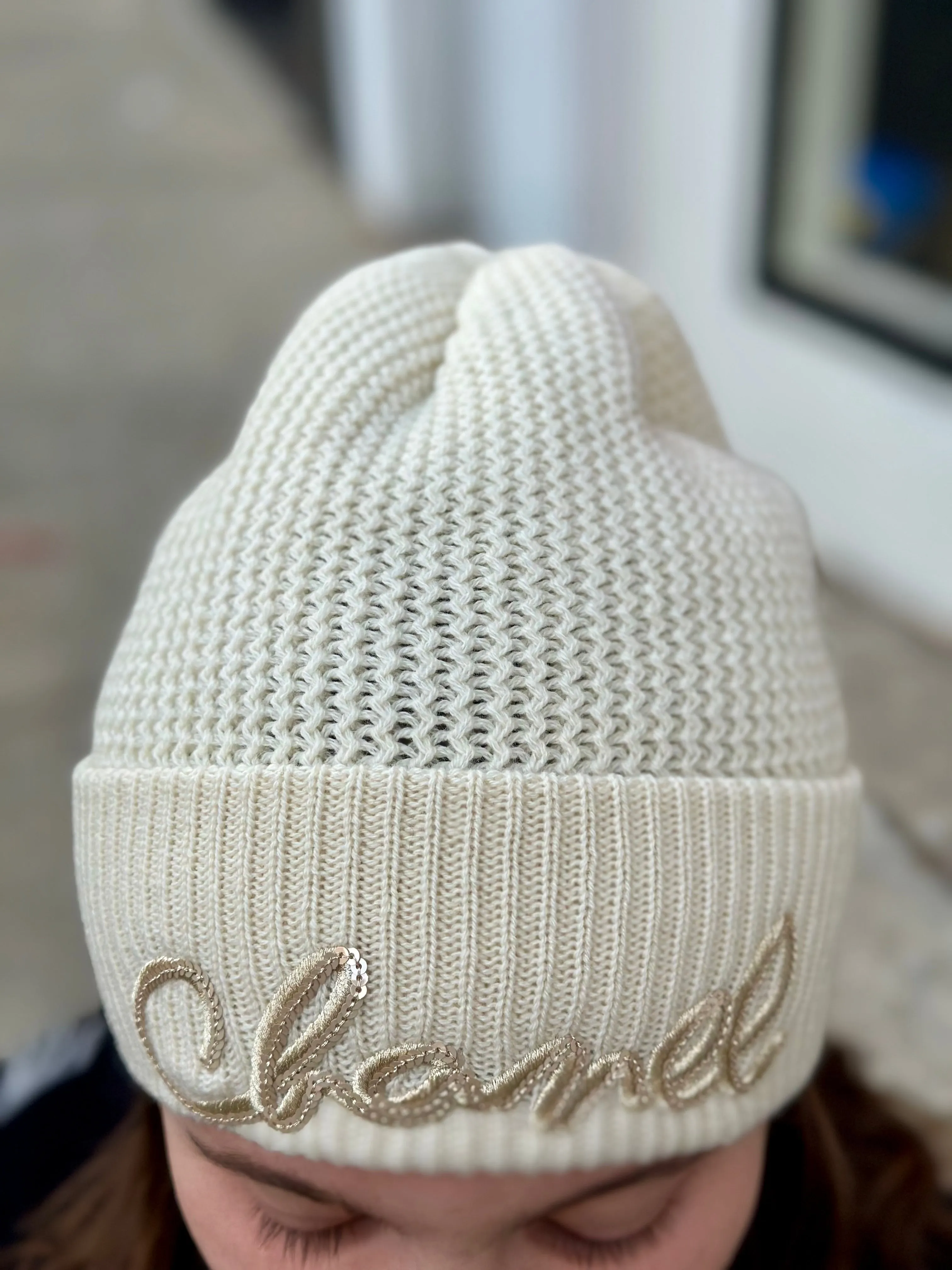 Chanel White Knit Beanie with White Sequin Chanel Writing