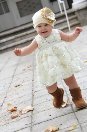 Cream Cotton Hat with Sequins Gold Rose