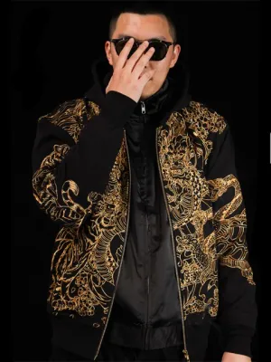 Embroidery Heavy Work Hooded Cardigan Coats  Men Boys