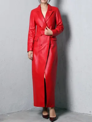 Extra Long Red Soft Faux Leather Trench Coat