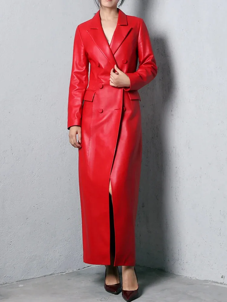 Extra Long Red Soft Faux Leather Trench Coat