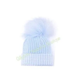 First Size Baby Boys Single luxry Faux Fur Pom Hat - Blue/blue trim