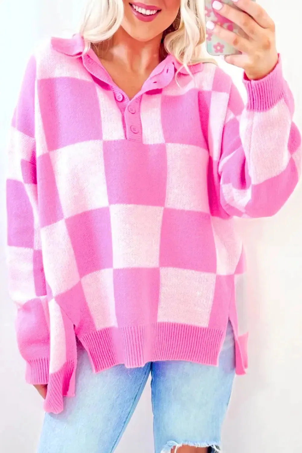 'Galena' Pink Checkered Sweater