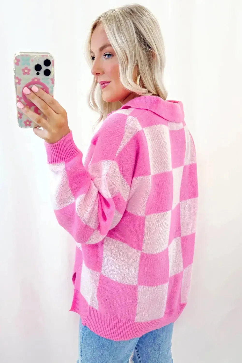 'Galena' Pink Checkered Sweater