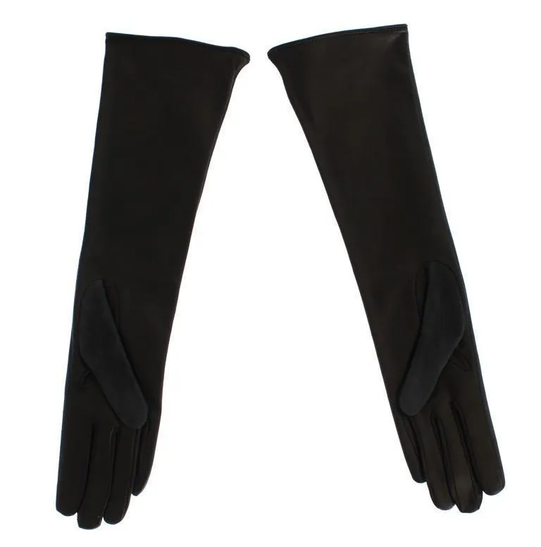 Gray Leather Silk Lined Elbow Long Gloves